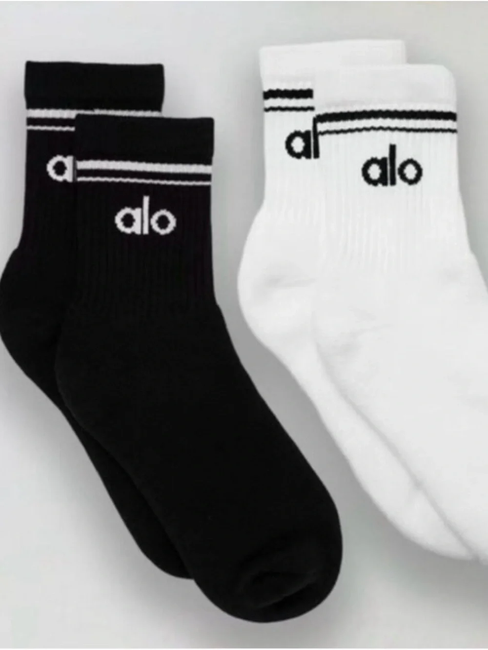 ALO Yoga White Athletic Crew Socks with Black Logo Stripes NWOT